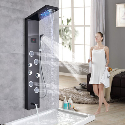 LED Shower Panel Tower Rain&Waterfall Massage Body System Tub Stainless Steel