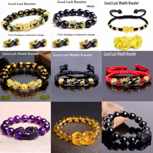 Unisex Feng Shui Black Obsidian Beads Pixiu Wealth Bracelet Good Luck Jewelry - Picture 1 of 32