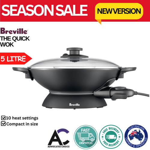 Breville The Quick Wok 5 Litre Compact Size Wok Non Stick 2200W Glass