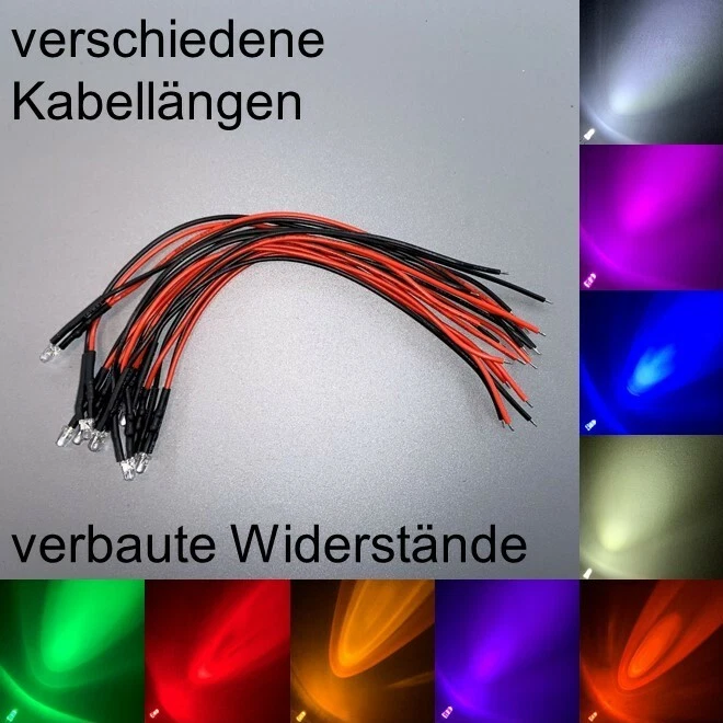 verkabelt 3mm LEDs rund wasserklar alle Farben 3 mm LED Widerstände - Bild 2 von 3