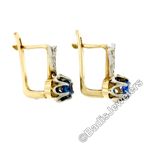 Vintage 14k Two Tone Gold 1.12ctw Round Sapphire & Diamond Flower Drop Earrings - Picture 4 of 6