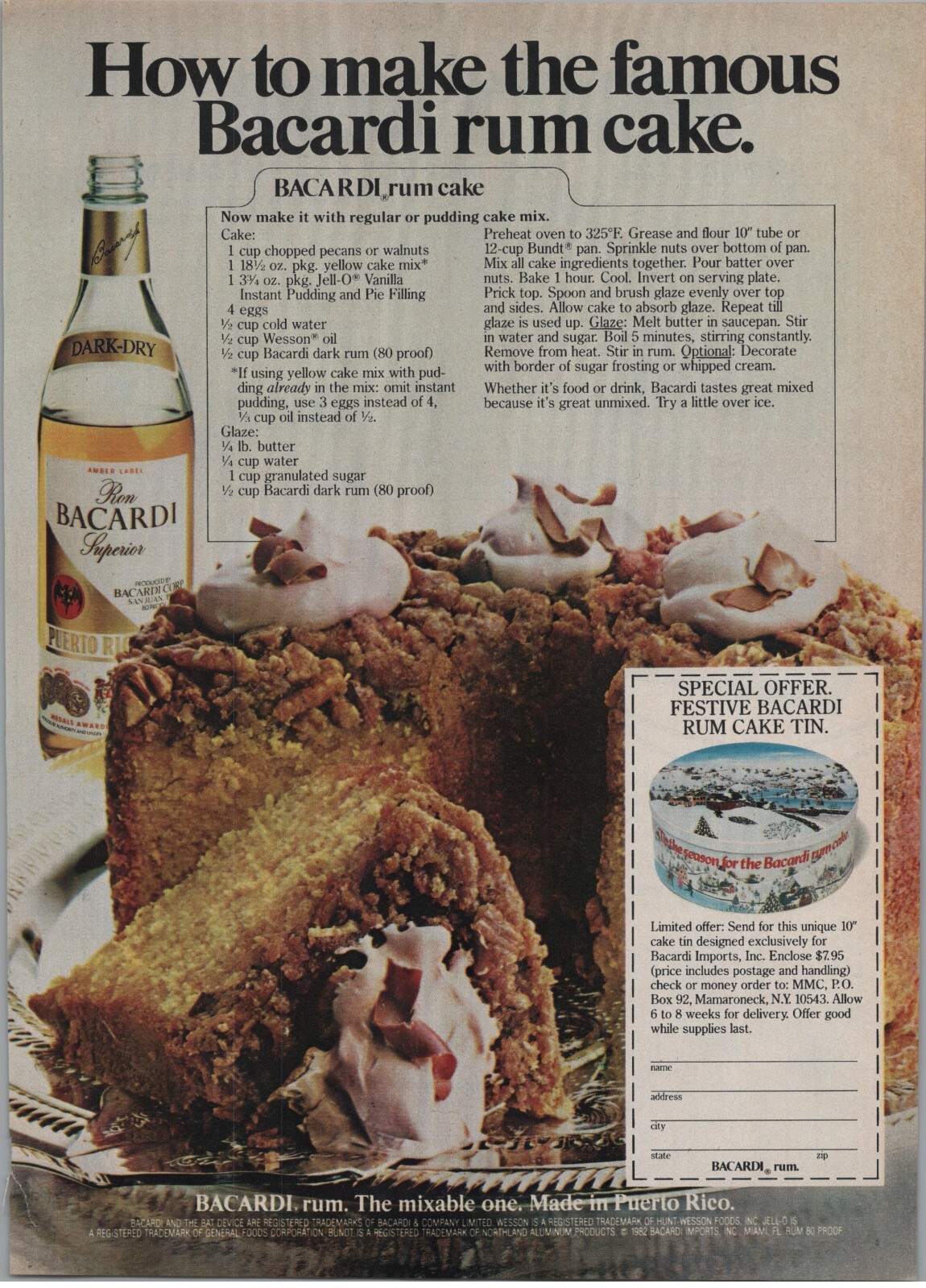 1982 Bacardi Rum Vintage Print Ad Cake Recipe Festive Tin Special Mail ...