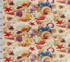 Sea Shells on Sand Cotton Quilting Fabric Ocean Shore Beach Elizabeth's Studio