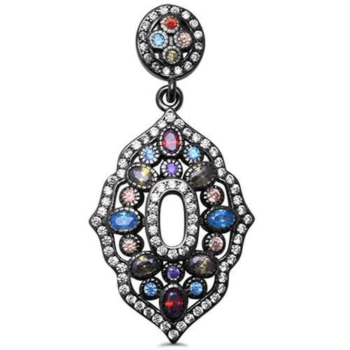 Fine Black Rhodium Plated Multi Gemstone .925 Sterling Silver Pendant 1.5"