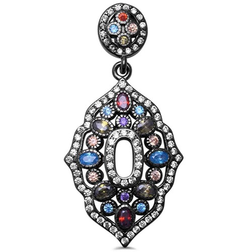 Fine Black Rhodium Plated Multi Gemstone .925 Sterling Silver Pendant 1.5" - Picture 1 of 2