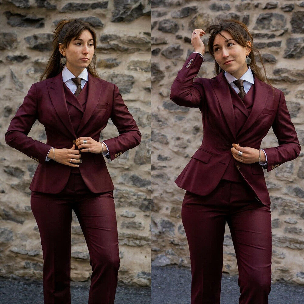 Burgundy Women Suits Formal Vest Pants Blazer Jacket Business Work Coat Set  New