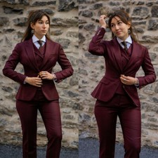 Burgundy Women Suits Formal Business Lady Work Wear Vest Pants Blazer Slim Fit