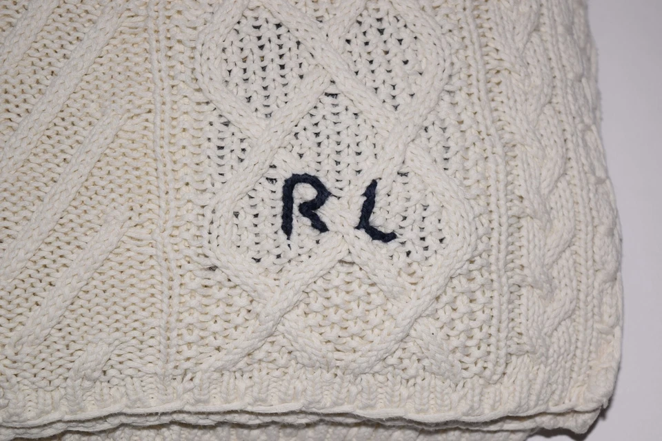 Manta vintage de algodón beige marfil tejido con cable Ralph Lauren 76 x 62 Foto 3 de 4