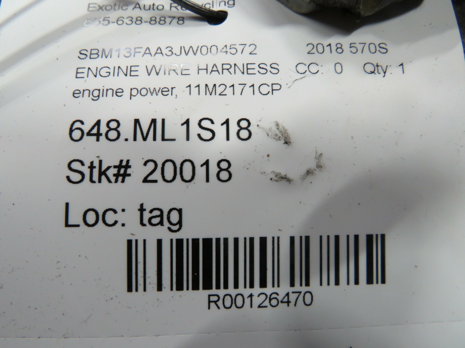 McLaren 570S, Engine Power Cable Harness, Used, P/N 11M2171CP