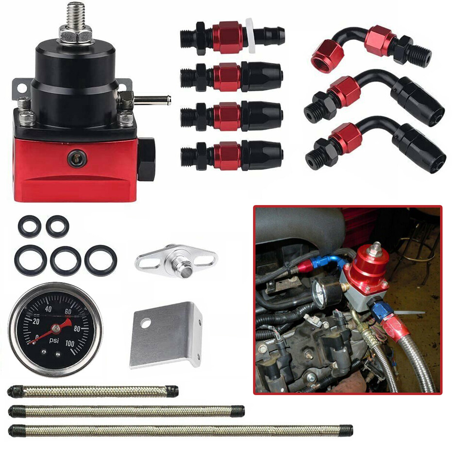 Black-Red Adjustable Fuel Pressure Regulator Kit Oil 0-100psi Gauge ...