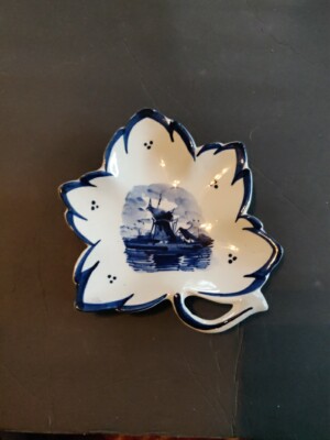 Delftware Delf Crown  Holland Windmill Leaf Shaped Trinket Dish Plate