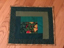 Quilted Table Topper, green, yellow bells 16 x 15, new, liner on the back