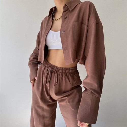 Women Outfit Set Solid Long Sleeve Short Casual Shirt Drawstring Wide Leg Pants - Picture 16 of 38