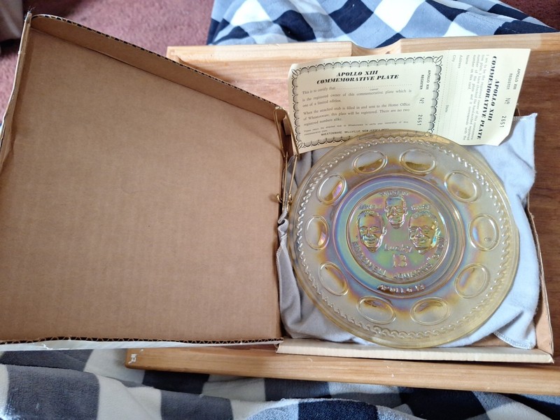 C1970 Commemorative Apollo 13 Plate by Wheaton  Iridescent amber w/box