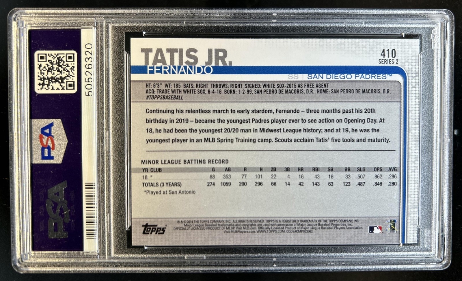 2019 Topps Fernando Tatis Jr. Rookie RC #410 Padres PSA 10 GEM MINT GEM MINT view 2