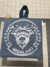 Handmade  Up Cycled Denim Pot Holders 8” Highland Cow With A Bow