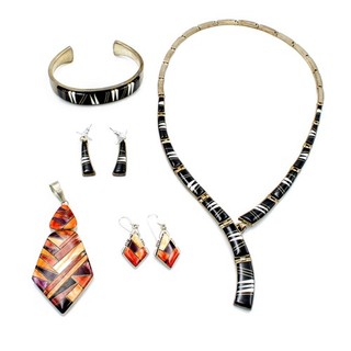 Signed Southwest Sterling Geometric Coral Onyx Inlay Jewelry Lot of 5 #S6013 1
