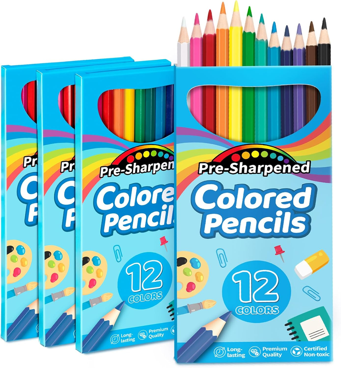 , 4 Packs Pre-sharpened Coloring Pencils For Kids In 12