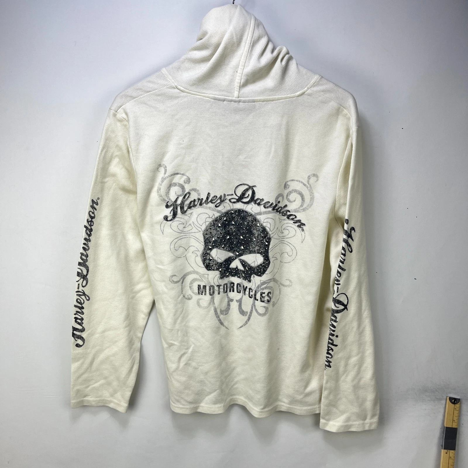 Vintage Harley Davidson Rhinestone Skull Thermal Hoodie 2W