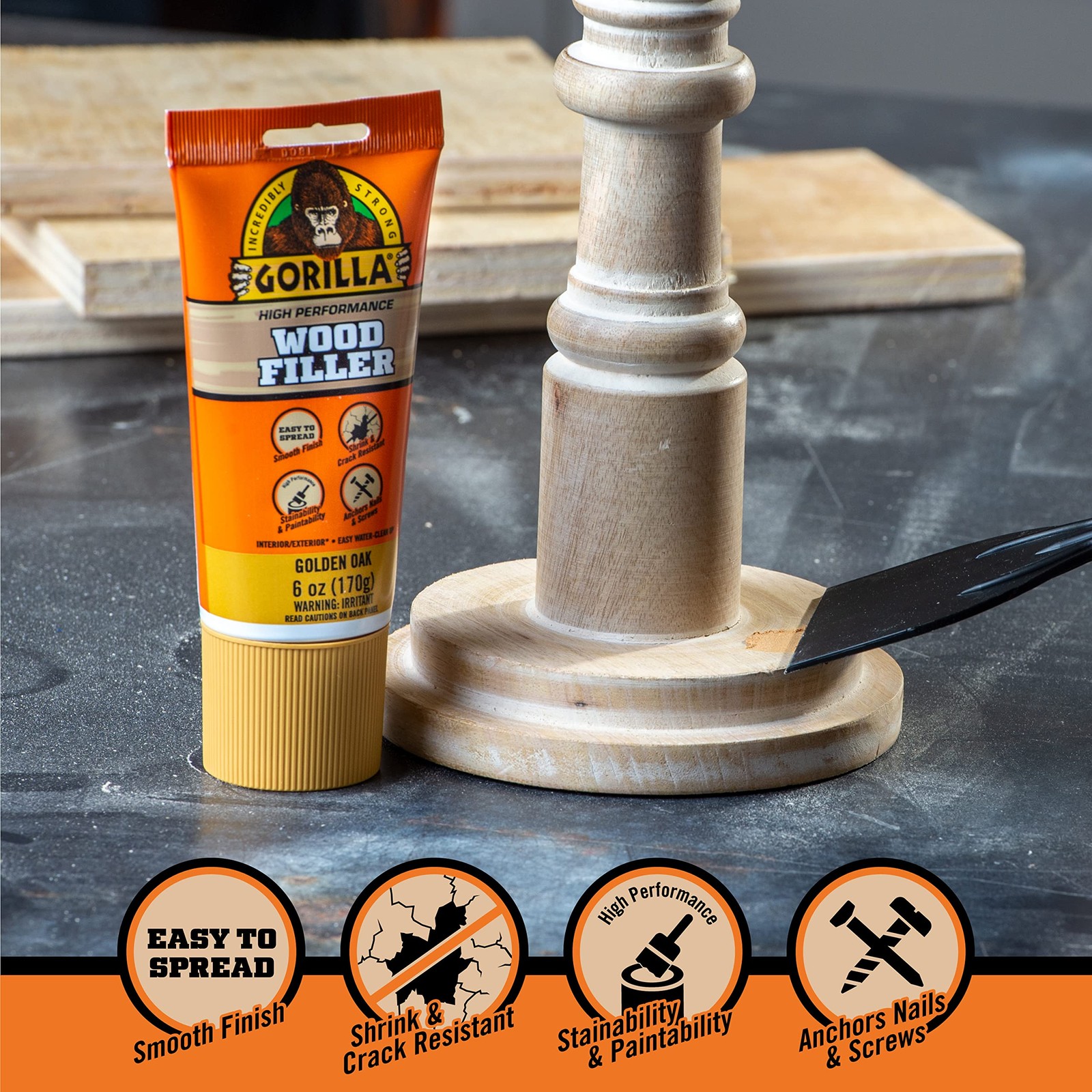 Gorilla Wood Filler Golden Oak All Purpose Strong Water Resistant Repairs 1 Pack