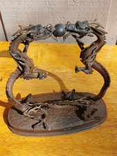 Chinese Bronze Finish zodiac 2 Fighting Dragon Play W Bead Statue Sculpture 9"