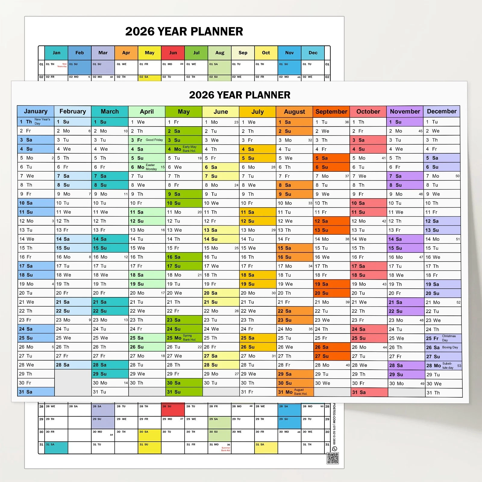 2026 Vertical Year Planner Wall Calendar with UK Holidays