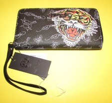 Ed Hardy Tiger with Tattoo Skulls Back Round Women  s Wallet Wristlet NWT