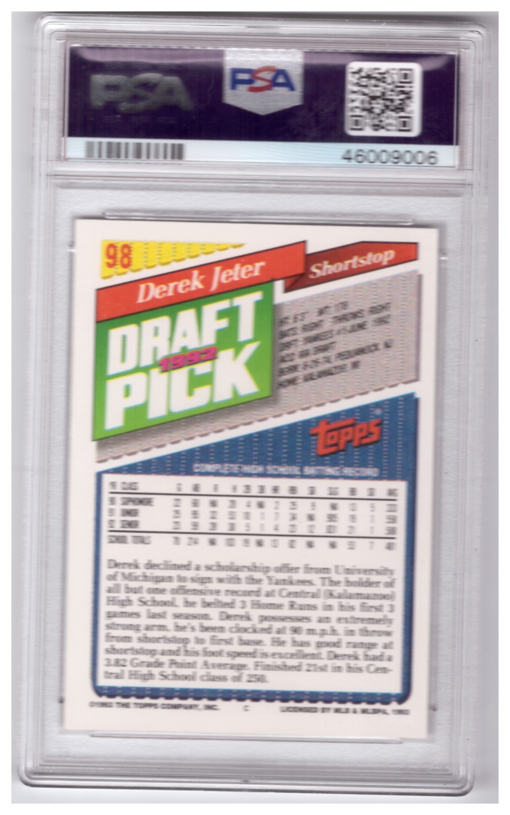 1993 Topps Gold Derek Jeter #98 Rookie RC Baseball Card PSA 9 Mint view 2