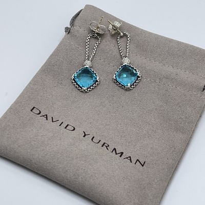 David Yurman Sterling Silver Blue Topaz Cushion on Point Diamond Earrings