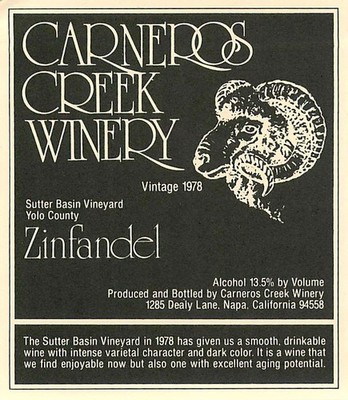 Carneros Creek Winery Zinfandel Napa California 1978 Vintage Wine Label