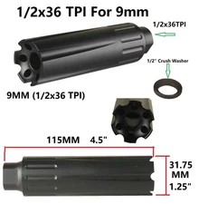 Aluminum 4.5" Extra Long Linear Compensator Muzzle Brake 1/2x36 TPI for 9MM