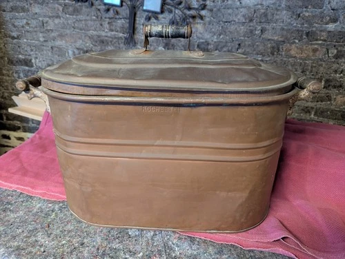 Antique oval Copper Boiler/Wash tub w/lid + wood handles by Rochester, dented