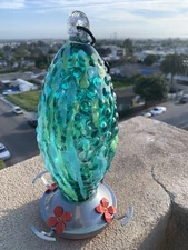 Hummingbird Feeder Hanging, Blown Glass Hobnail Blue Green