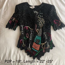 VTG Sz L Lawrence Kazar Silk Sequined New Years 2000 top shoulder pads y2k