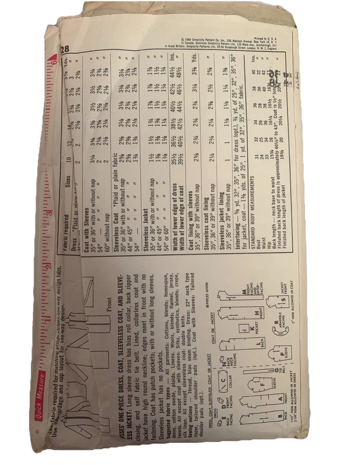 Simplicity 5728 Sewing Pattern Vintage 60s Dress Coat, Vest Bust 36”/92cm Sz 16 - Image 2 of 2
