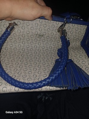 GUESS Logo Satchel Top Handle Zip Handbag Beige/Blue Tassel Charm Silver