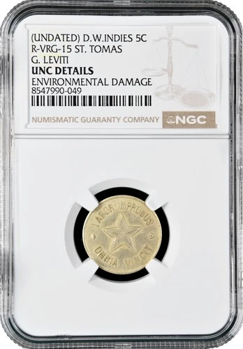 Danish West Indies 5 Cent ND (1888-1892), NGC UNC Det, "G. Leviti (St. Thomas)"