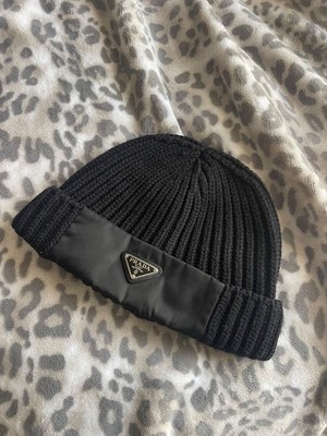 Large Prada Black Woolen and Re-Nylon Beanie