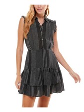 CITY STUDIO Womens Mini Dress Black Cap Sleeve Button Front Juniors S