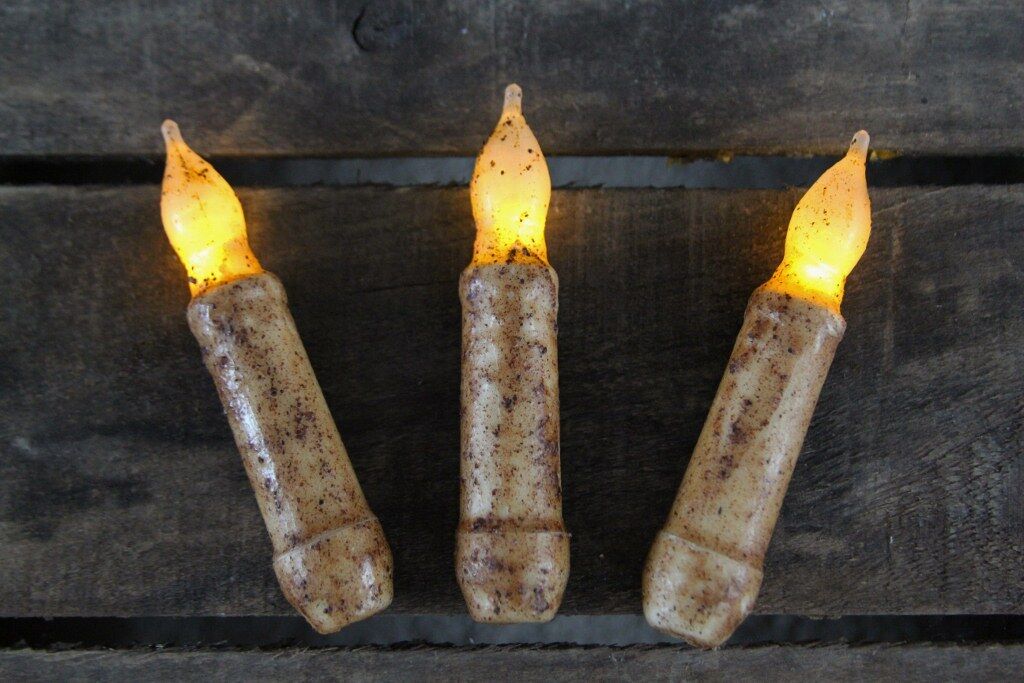 THREE Primitive Country Burnt Ivory 4.5" Battery Operated TIMER Taper Candles 