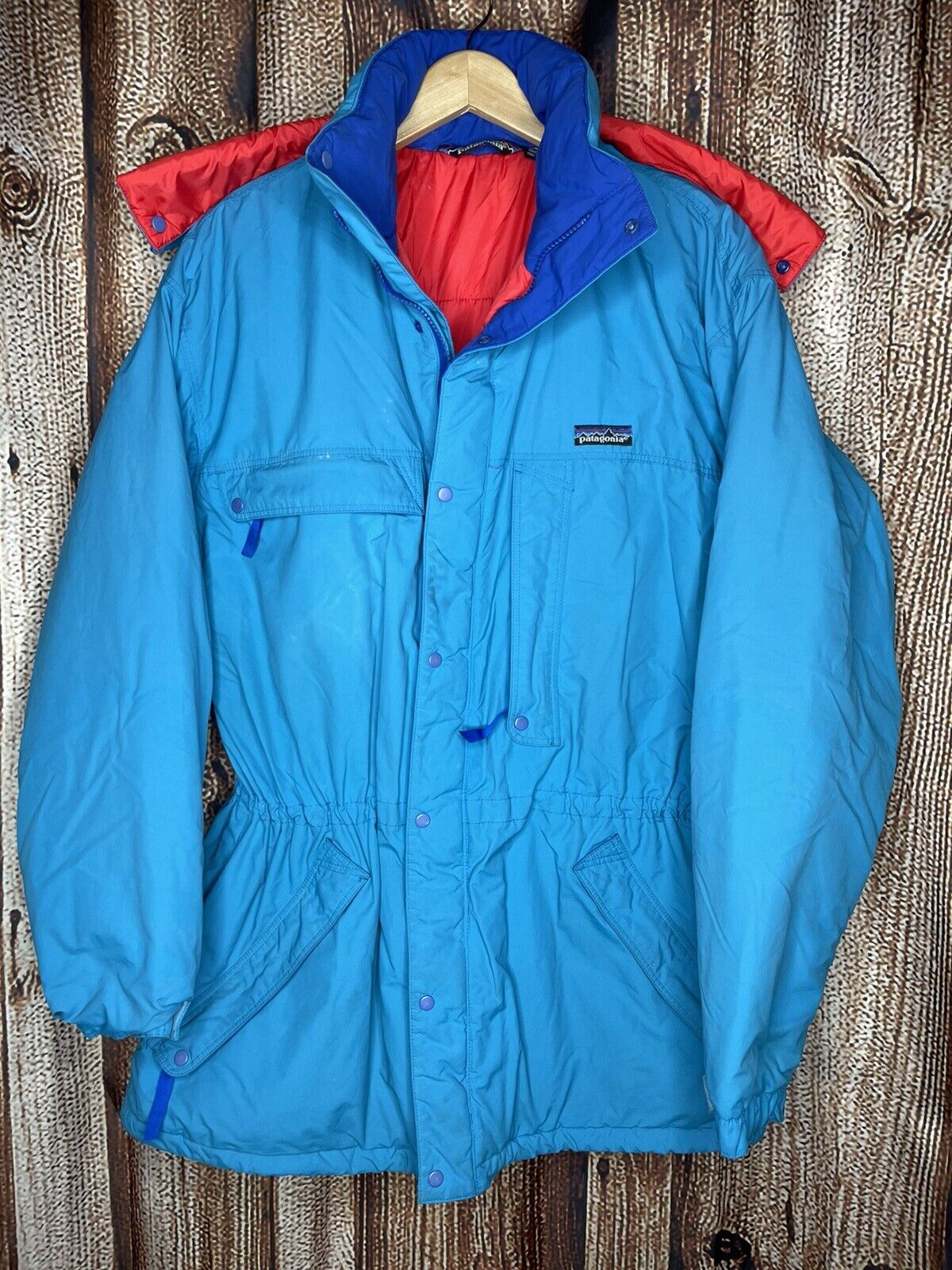 Vintage 90s Patagonia Storm Jacket Mens Blue Teal Red W/Hood Button Large