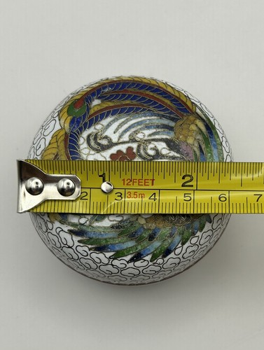 Colorful Peacock Cloisonné Brass Enamel Round Trinket Box w/Blue Interior 2.5”W - Picture 11 of 12