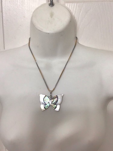 Abalone Butterfly Pendant Necklace 2-Tone Stainless Steel Chain Elegant Gift - Picture 2 of 3
