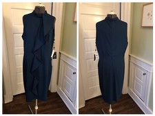 Adrianna Papell Teal Knit Crepe Mock Neck Sheath Dress w/ Vertical Ruffle, Sz 16