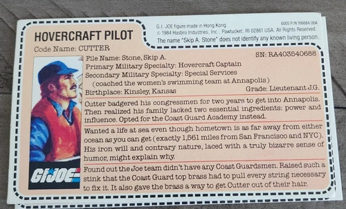 Cutter (Killer Whale Pilot) V1 1984 Uncut File Card - GI Joe Cobra ARAH Nice