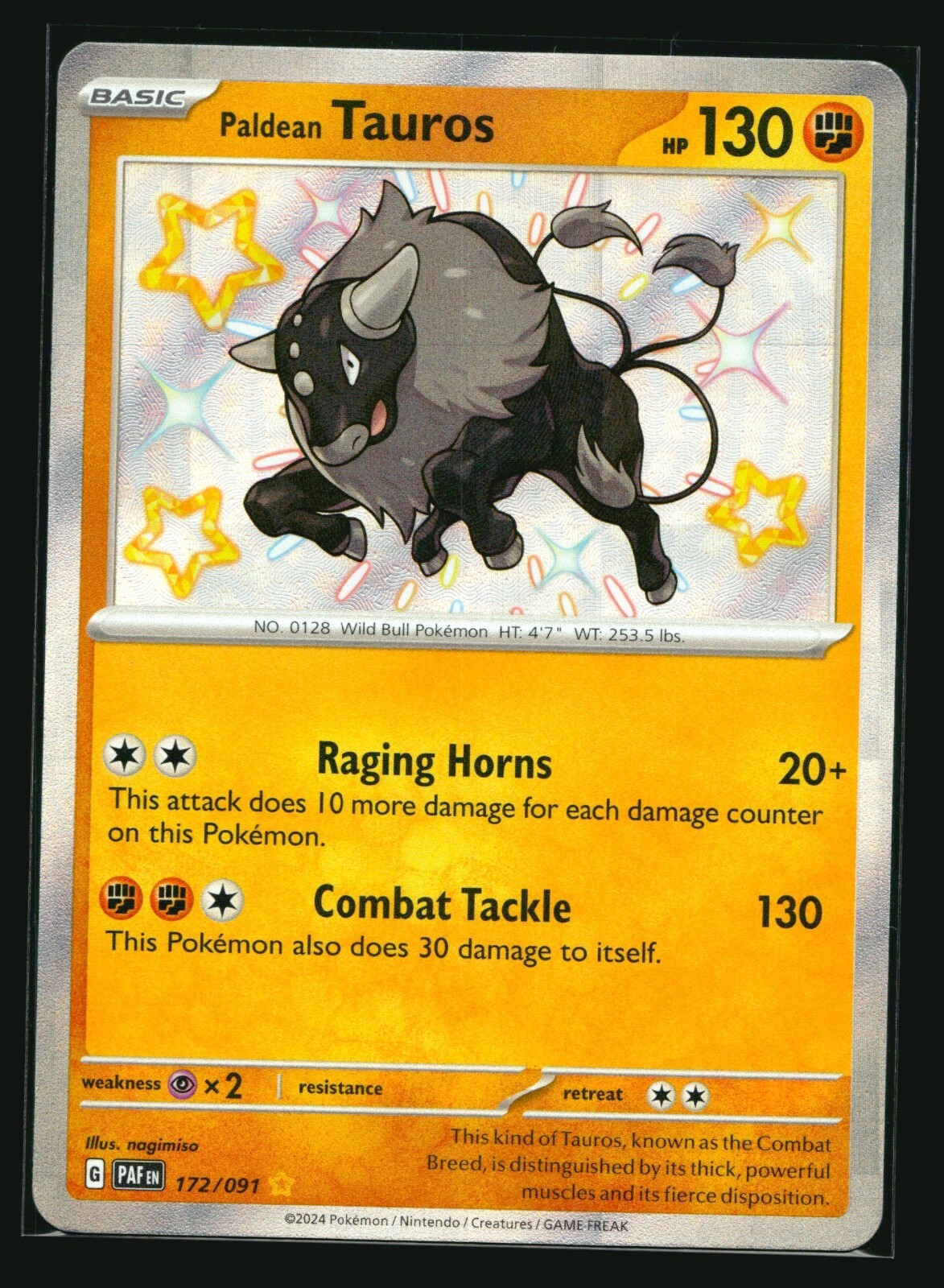 Paldean Tauros 172/091 Sv: Paldean Fates Holo Illustration Rare Pokemon Card 