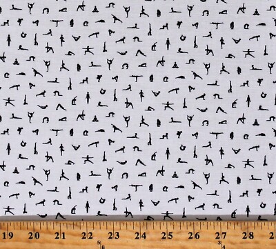 Cotton Tiny Yoga Poses Stretches Mini Medley White Fabric Print by Yard D673.81