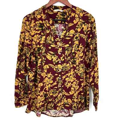 Soft Surrounding Size Medium Red Long Sleeve Floral Blouse Shirt Top Comfy Cozy