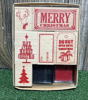 Christmas Wooden Rubber Stamper Set.  Merry Christmas Deer Tree Do Not Open NOB