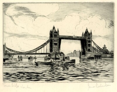 Antike signierte Radierung Tower Bridge London von James Richardson Riverscape #2